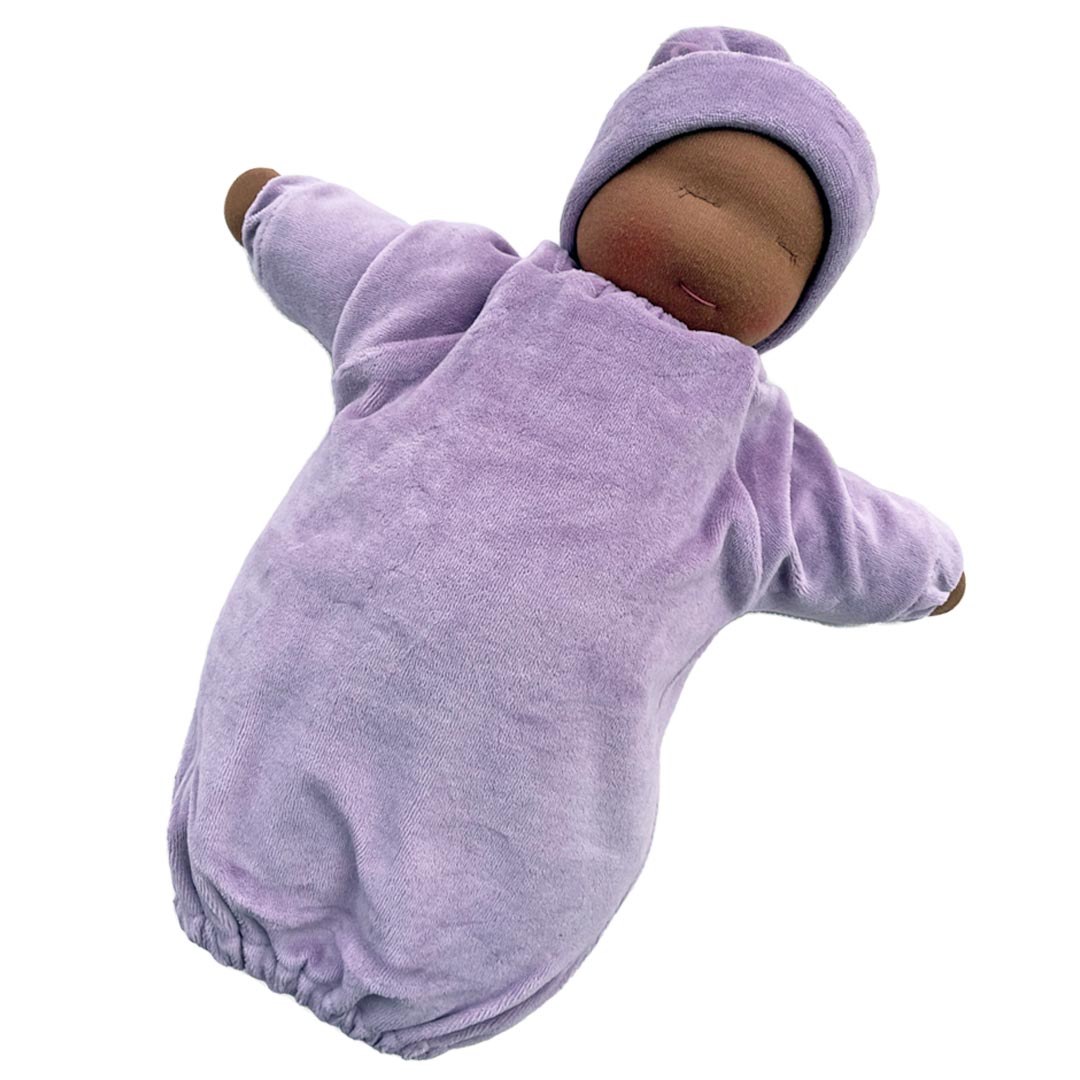 Heavy Baby Weighted Waldorf Doll - Lilac Bunting with Dark Skin Tone