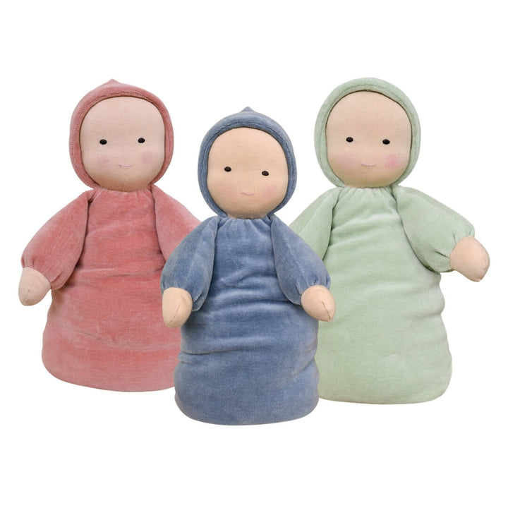 Bella Luna Toys Waldorf Doll with light skin and 3 colors of bunting, pink, blue and green.