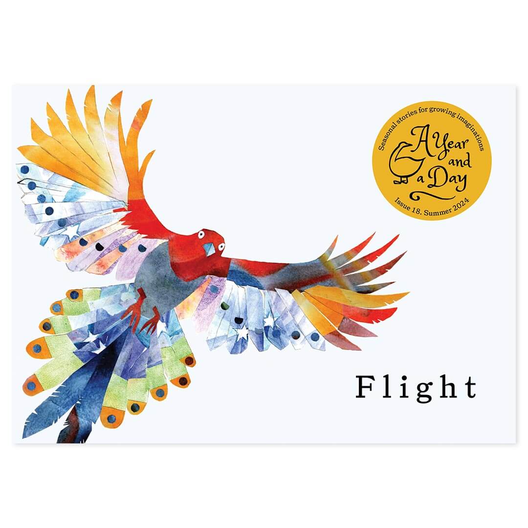 A Year and a Day Summer 2024 Cover - Flight - with a collage multicolored parrot and white background