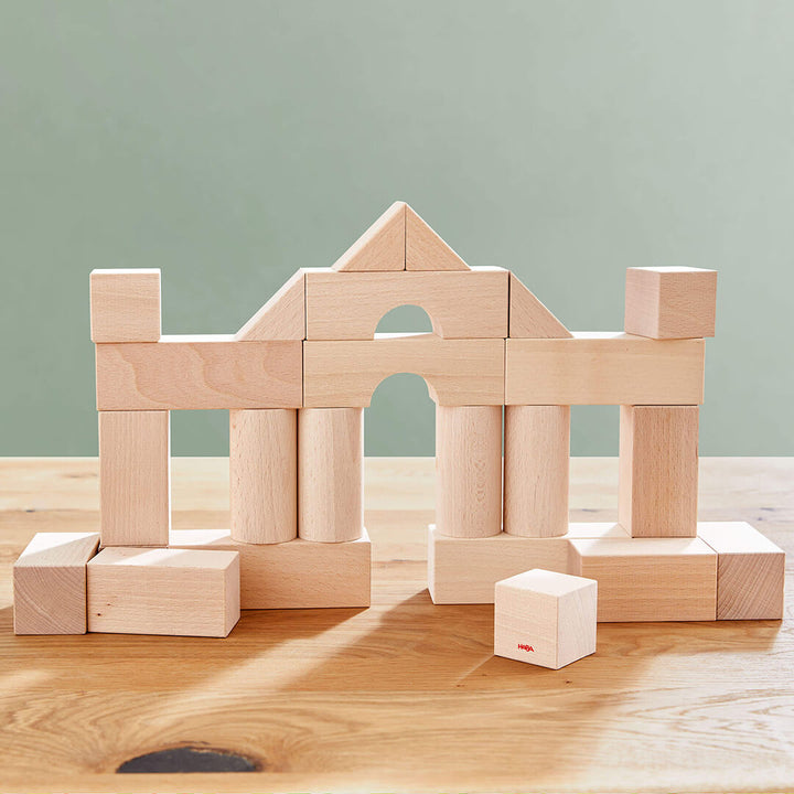 Basic Building Blocks 26 Piece Starter Set arrangement of wooden blocks forming a structure, featuring columns and an arch, set against a light green background.