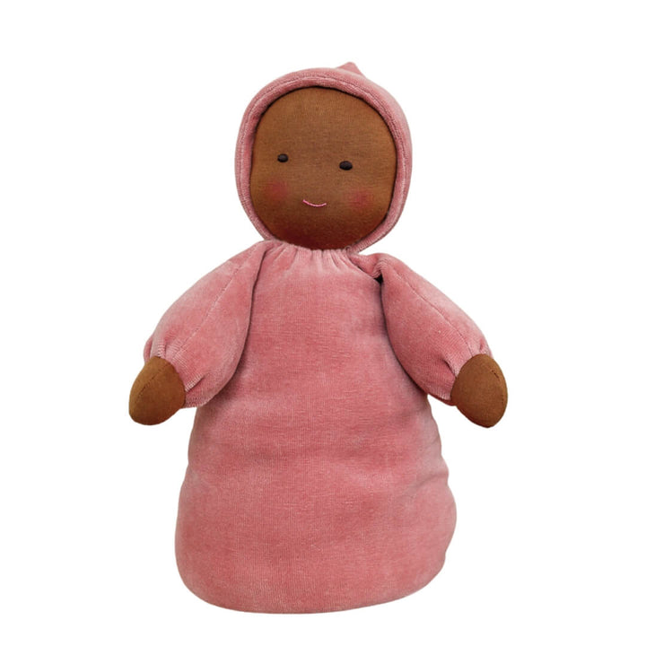 Bella Luna Toys Waldorf Doll with dark skin in the rosehip colorway.