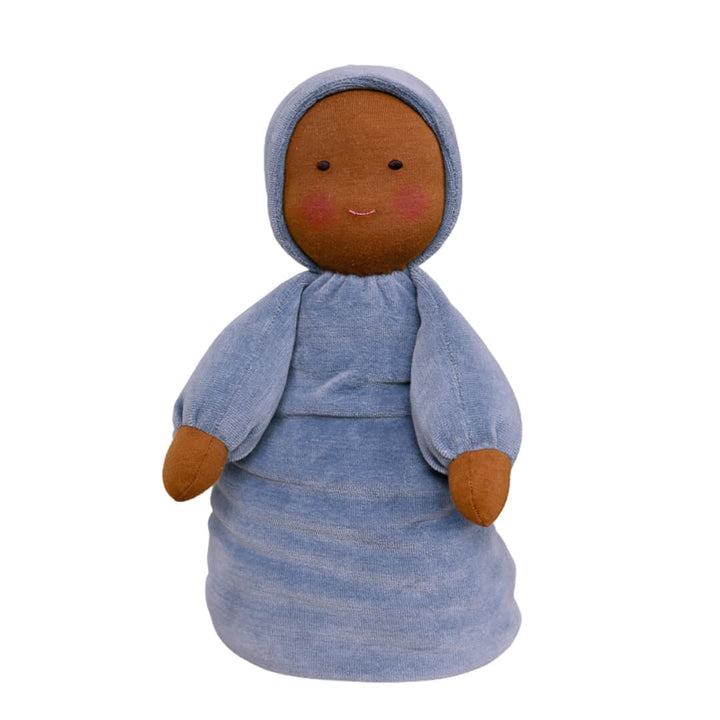 Bella Luna Toys Waldorf Doll with dark skin in the tidewater colorway.