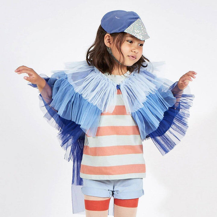 A child wearing the 2 piece blue velevet bird costume.