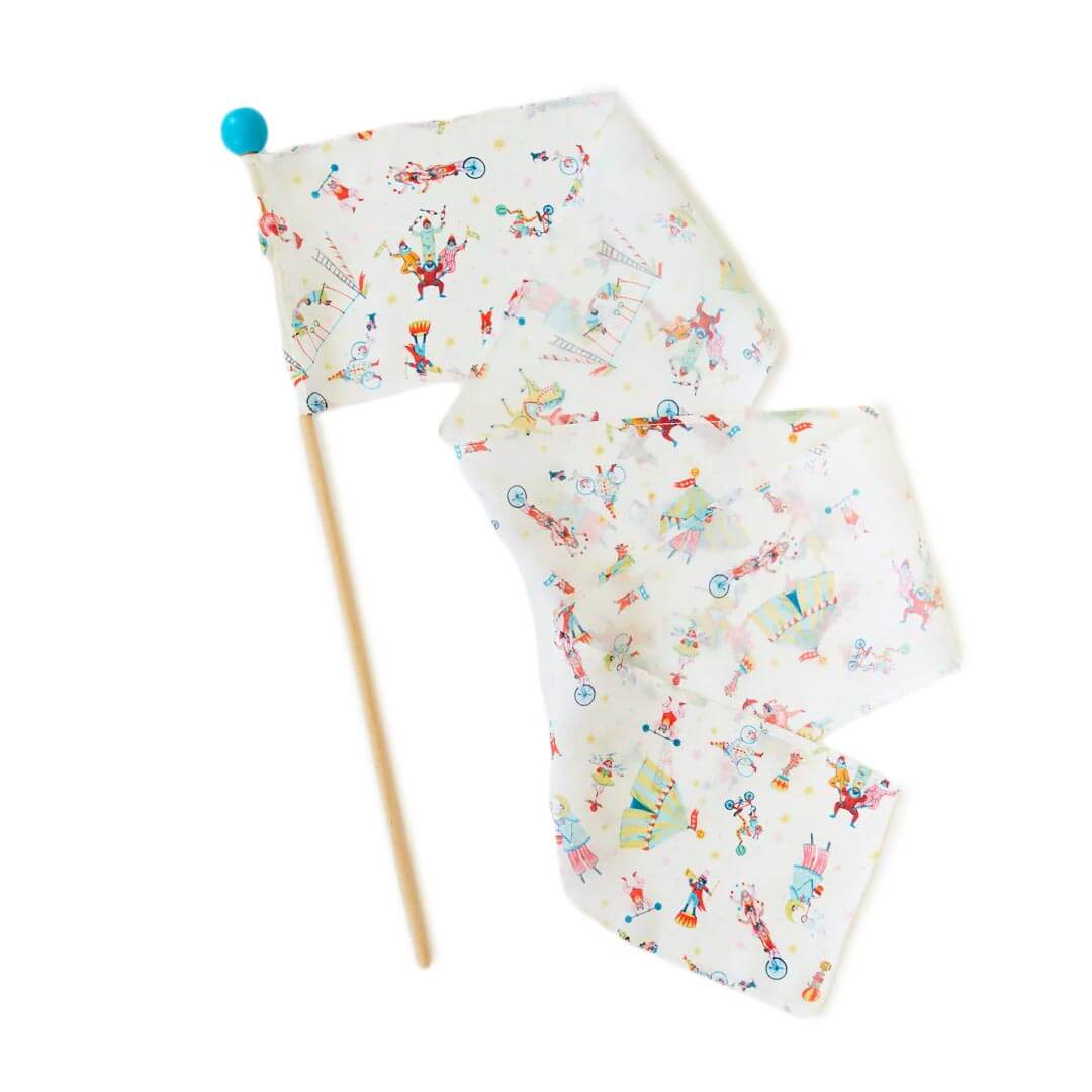 Sarah's Silks Circus Playsilk Wand in white with circus illustration on a wooden stick with blue round top