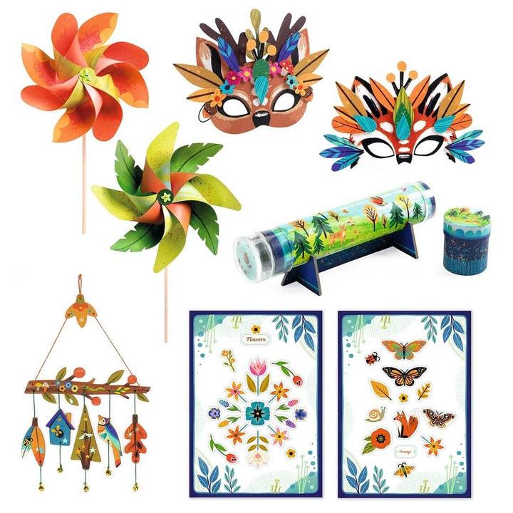 DIY Nature Multi Activity Craft Kit with 2 windmills, a kaleidoscope, 2 masks, 2 nature posters, and 1 hanging chimes