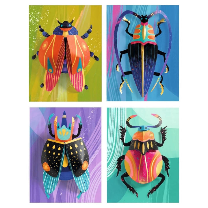 Finished projects from the 3D Paper Bugs Creation Art Kit from Djeco.