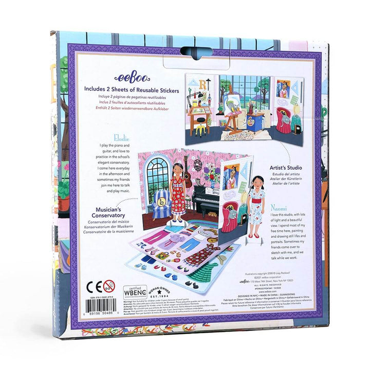 Eboo Paper Dolls a Day in Paris back of the box - includes 2 sheets of reusable stickers