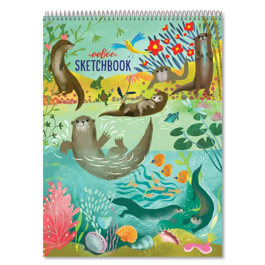 A spiral bound eeBoo sketchbook featuring cartoon otters artwork on the cover.