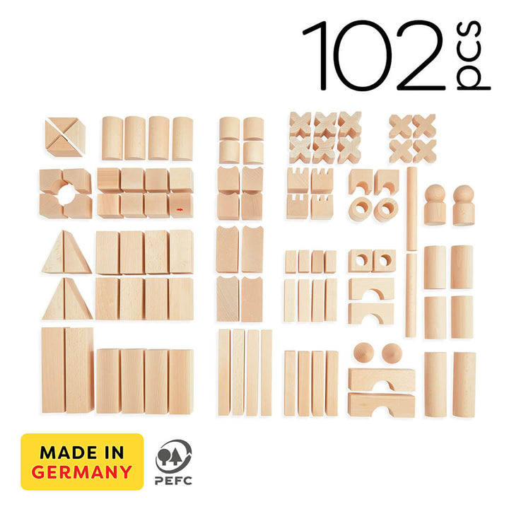 Basic Building Blocks 102 Piece Extra Large Wooden Starter Set includes 102 wooden building blocks in various shapes. Made in Germany.  PEFC certified.