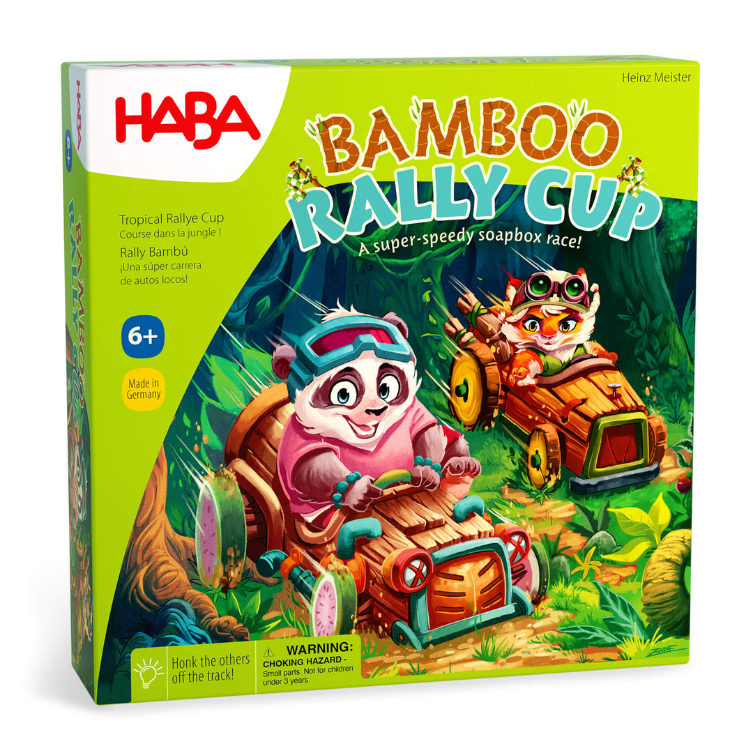 Bamboo Rally Cup - A super speed soapbox race! Game xox cover with a panda and tiger speeding through the jungle in soapboxes