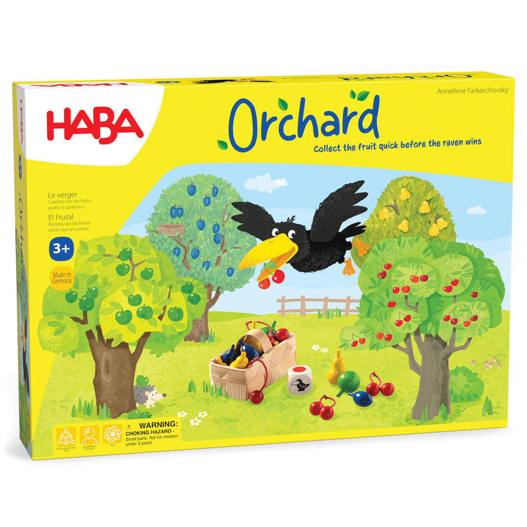 HABA Orchard Board Game box with illustrated raven carrying cherries