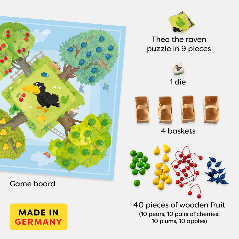 HABA Orchard Board Game includes Theo the raven puzzle in 9 pieces, 1 die, 4 baskets, 40 pieces of wooden fruit (10 pears, 10 pairs of cherries, 10 plums, 10 apples) and 1 game board. Made in Germany