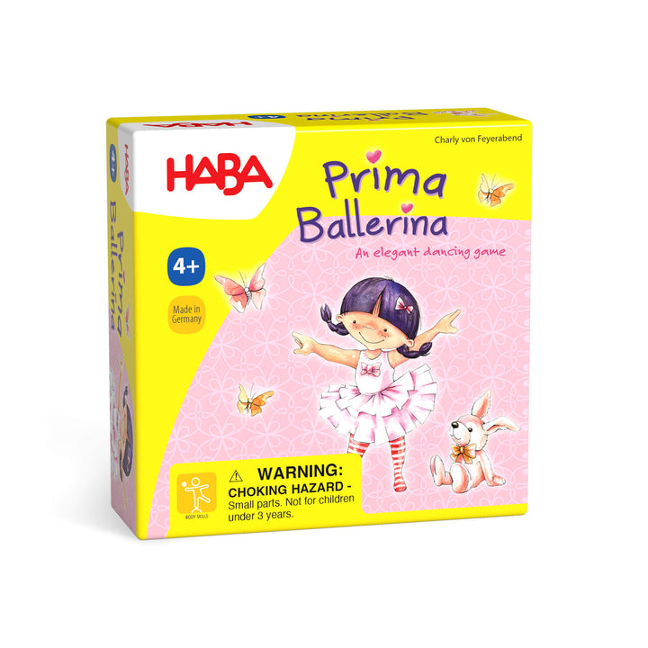 Prima Ballerina - an elegant dancing game box cover witgh an illustrated ballerina in a pink tutu with black braids and a pink bunny rabbit