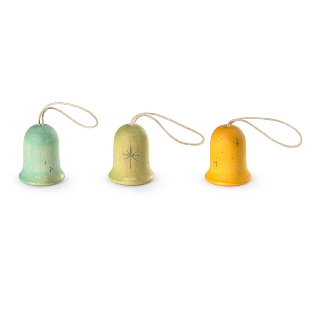 3 Grapat Jingle Joy Bells wooden ornaments.