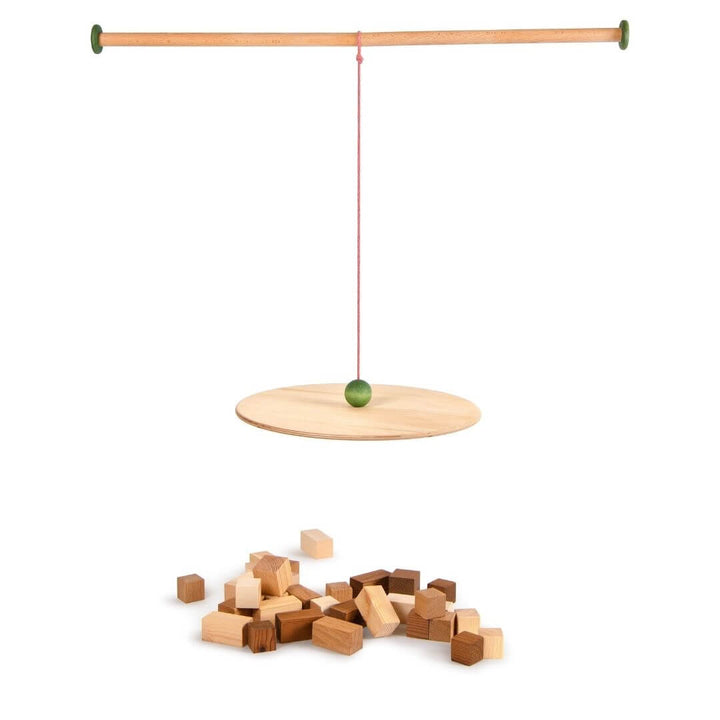 Grapat Wooden Pendulum Balance Toy – Image show this handcrafted wooden toy with rod, rope with green wooden ball, disc and wooden blocks in a variety of shapes and hues. 