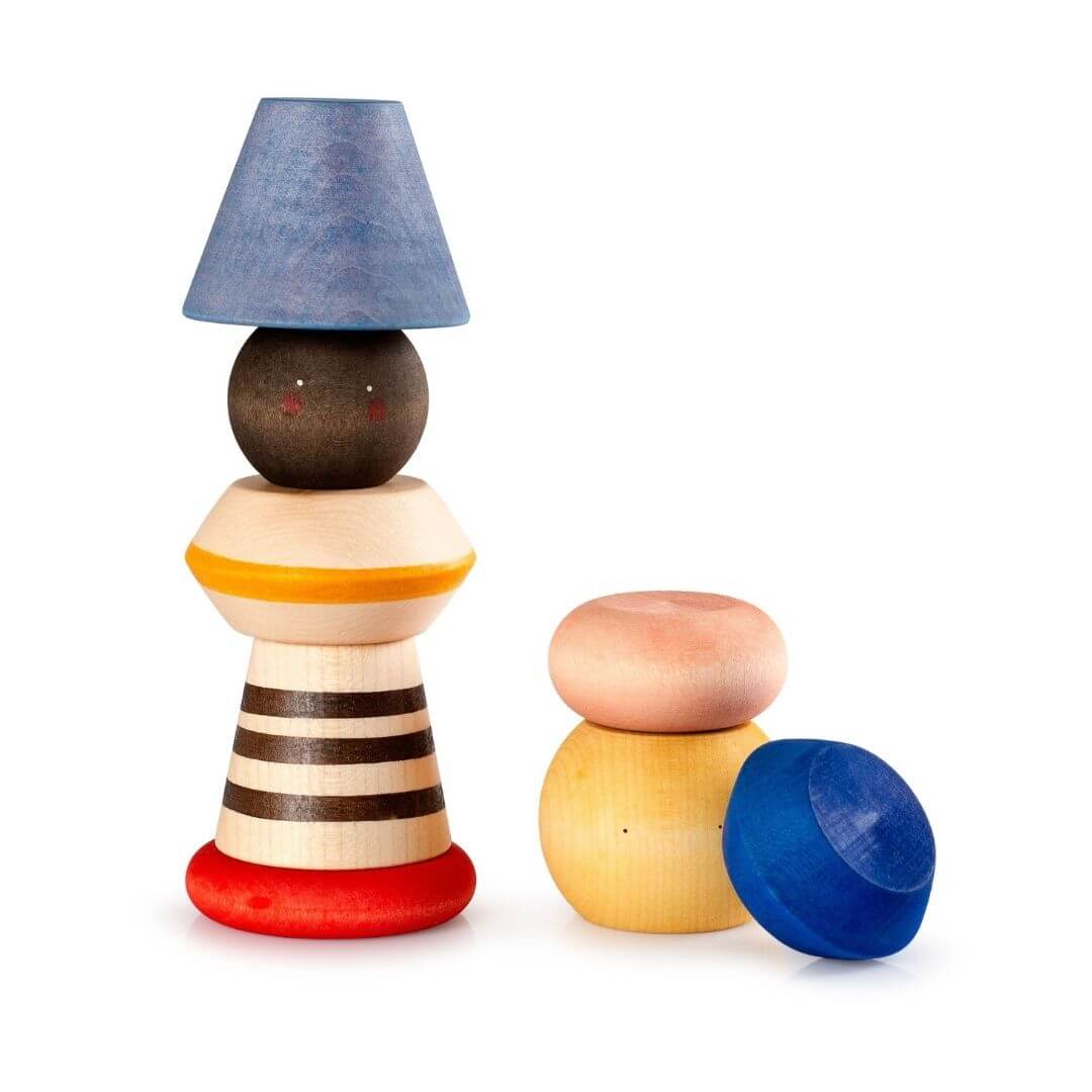 Grapat Serendipity Stacking Tower – Colorful handcrafted wooden stacking toy with 8 unique pieces for open-ended play and creative building fun.