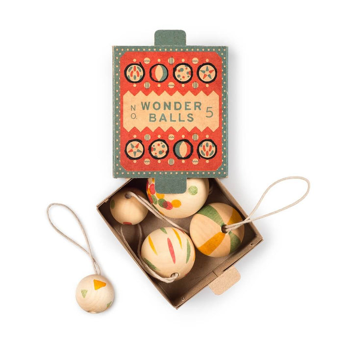 Grapat Wonder Balls wooden ornament set in a cardboard box.