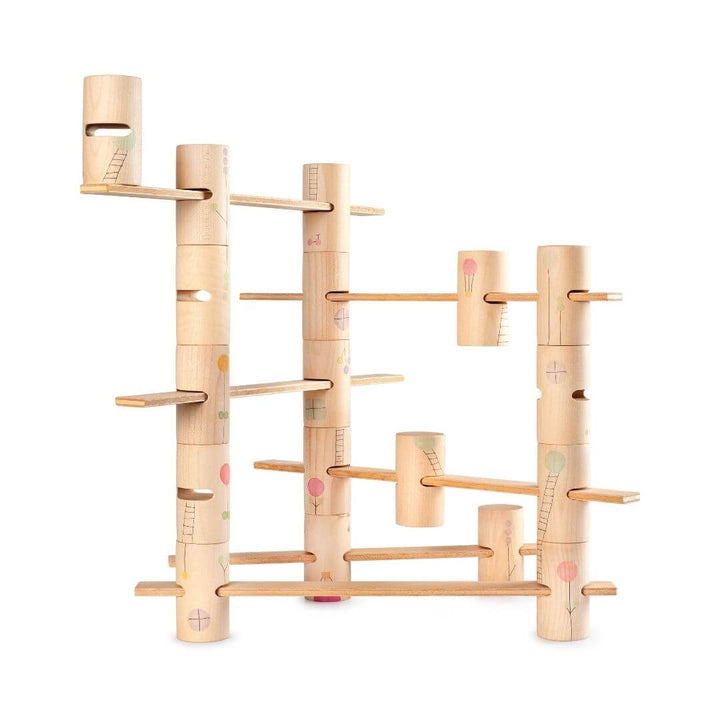 Grapat Woodland Stacking Tower Set with hand-painted wooden tubes and walkways, designed for open-ended building and imaginative play.