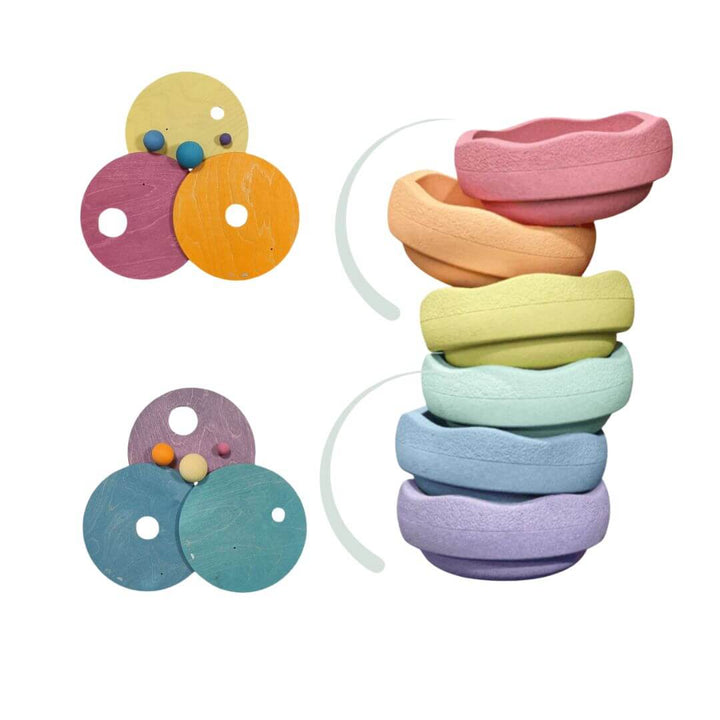 Grimm's pastel rainbow rolling discs paired with pastel Stapelstein stepping stones.