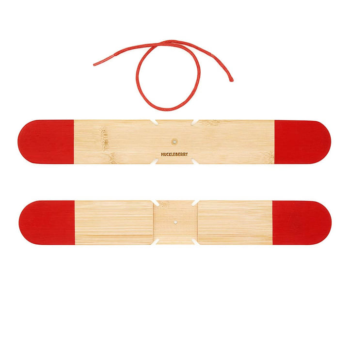 Huckleberry Pocket Boomerang pieces - 2 natural wooden pieces with red tips and a red lace