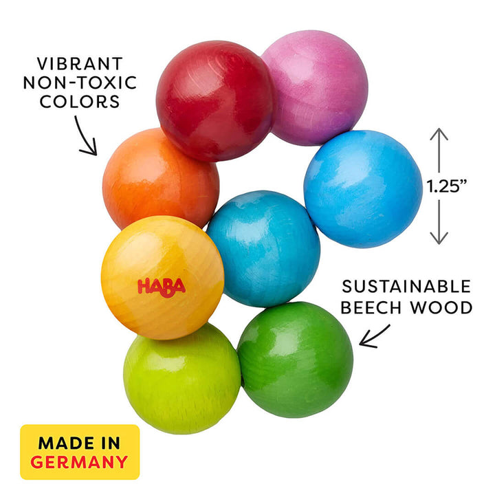 Magica's colorful wooden balls are made of sustainable beech wood, measuring 1.25 inches each, labeled non-toxic and made in Germany.