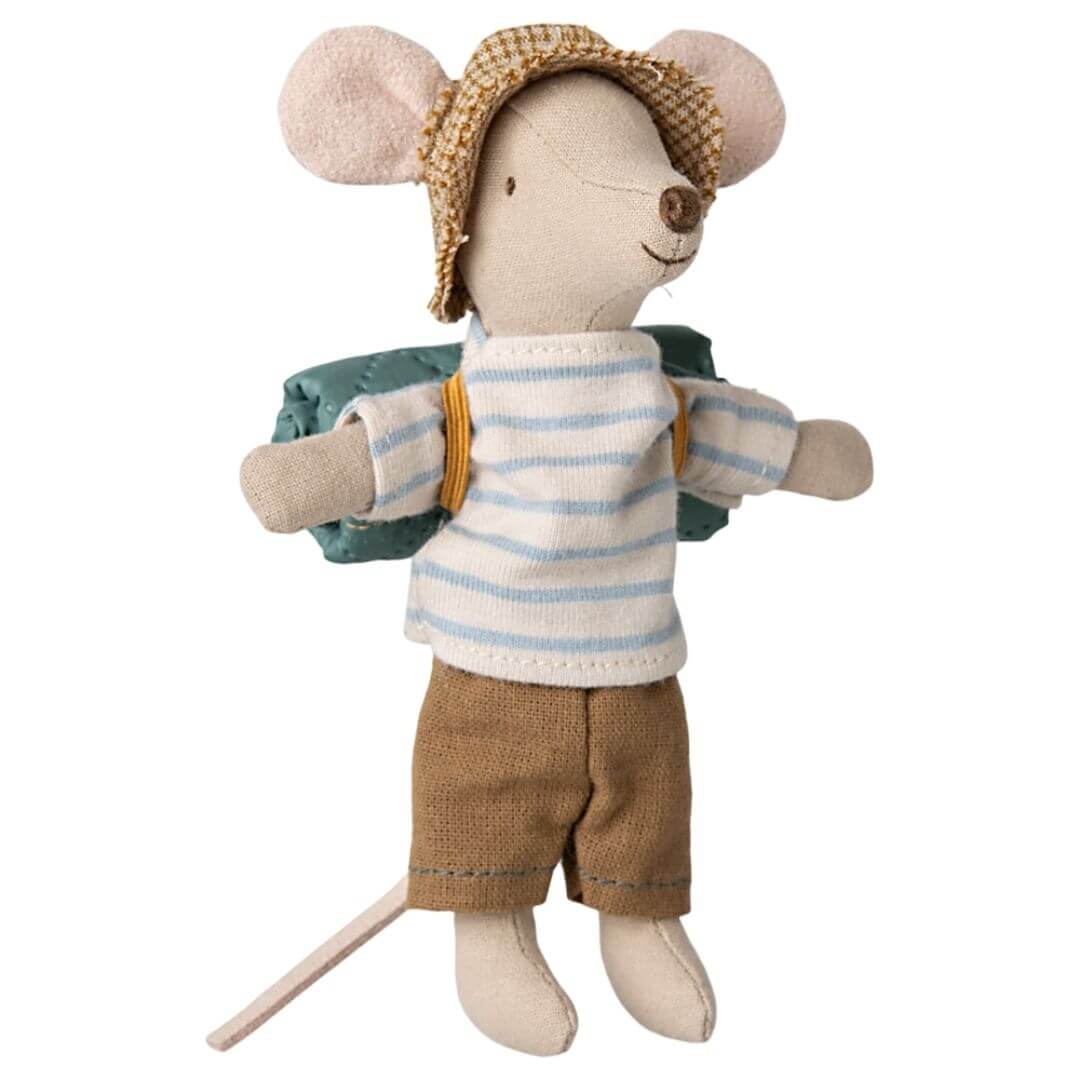 Big Brother Hiker Mouse from Maileg wears a checkered bucket hadt, striped tshirt, and tan pants. He has a green sleeping bag rolled up on his back.