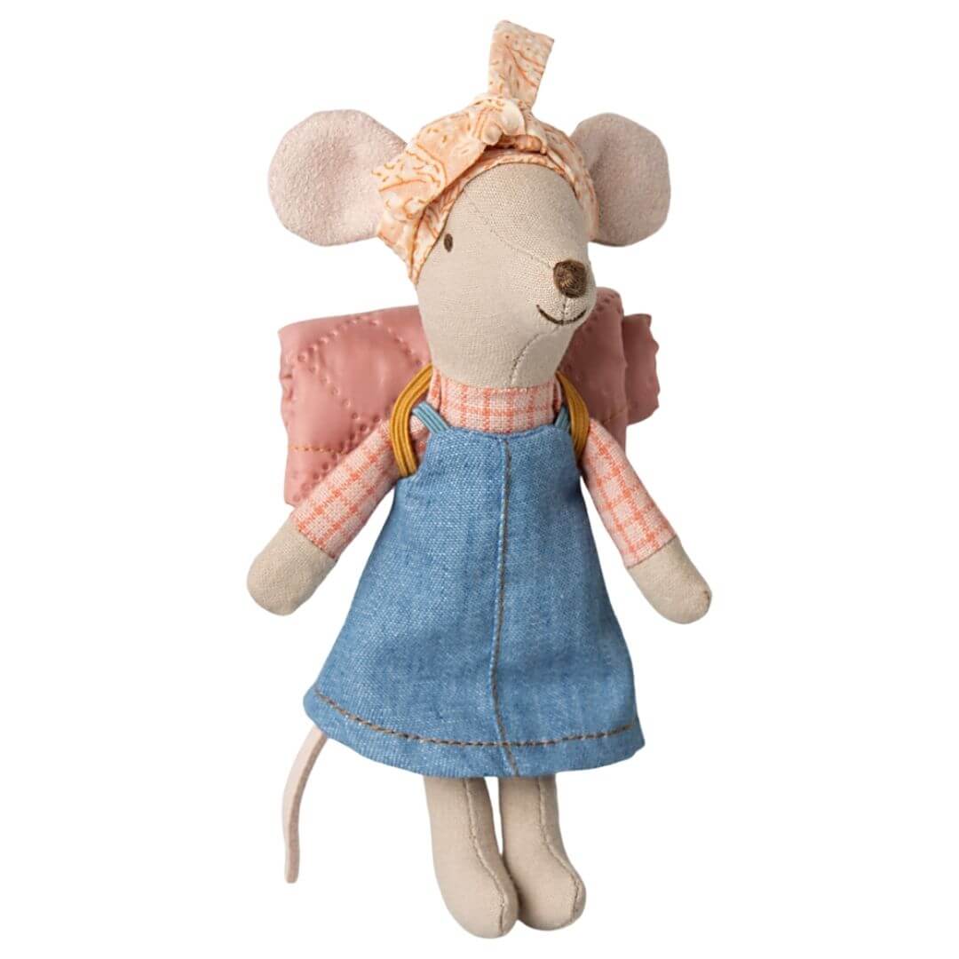 Big Sister Hiker Mouse wearing an orange bandana, checkered pink shirt and denim jumper. She has a pink sleeping back rolled up on her back.