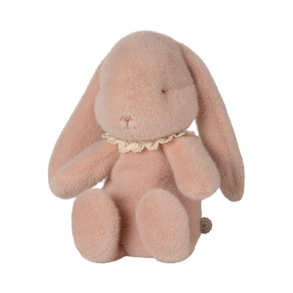 A fluffy pink bunny stuffed animal from Maileg.