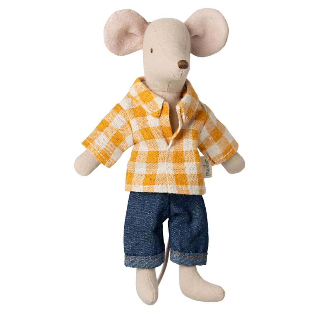 Maileg dad mouse stuffed animal in a yellow plaid shirt and blue jeans.