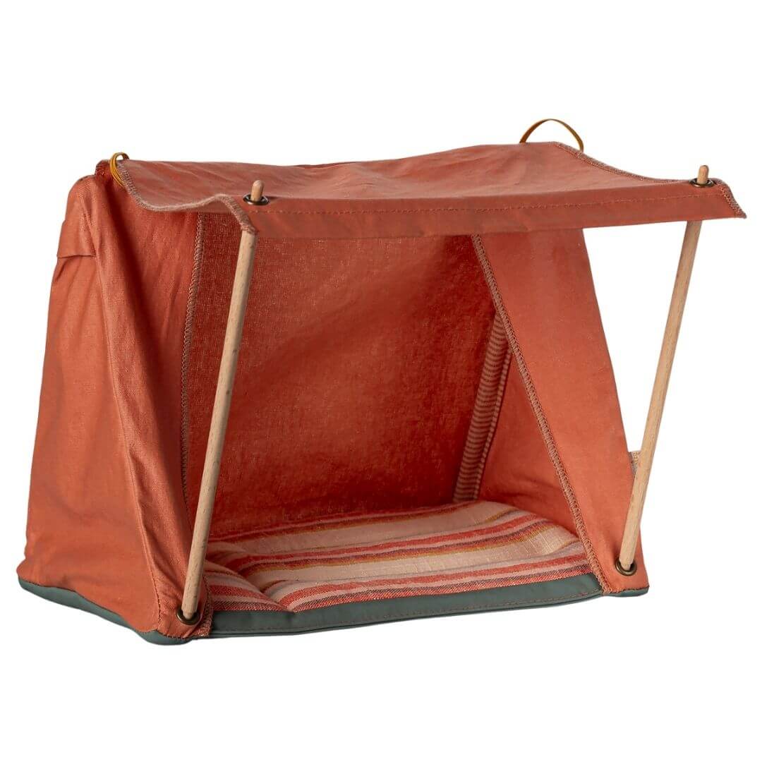 A pink canvas tent from the Maileg collection pairs perfectly with the hiker mouse family.