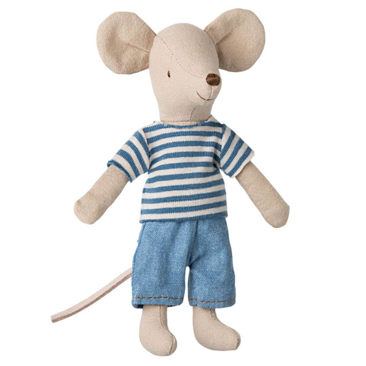 A small stuffed mouse named Louimax, the big brother of the Maileg mouse family. He has on blue jeans and a striped blue and white shirt.