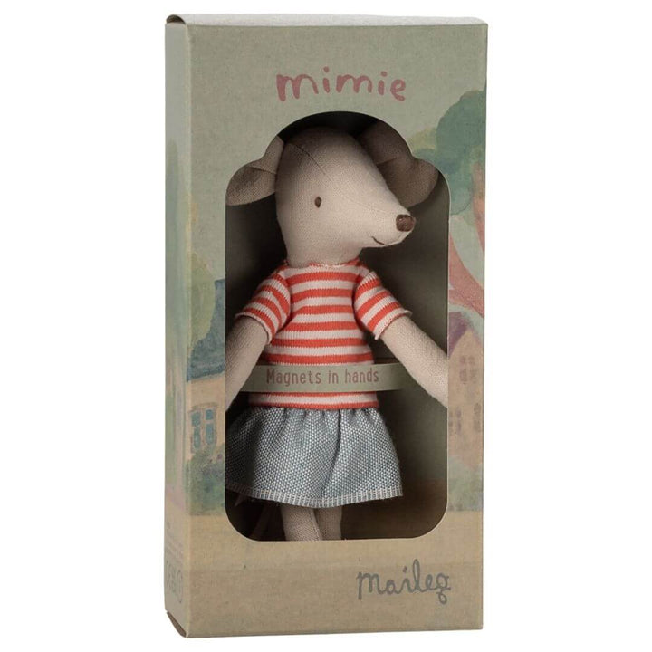 Maileg's Big Sister mouse, Mimie, in a box featuring her name and a call out to her magnetic hands.