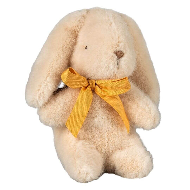 Maileg mini plush Easter bunny in cream with yellow ribbon.