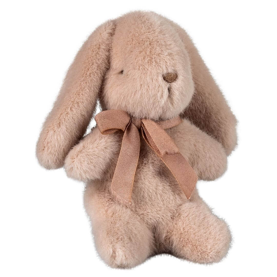 Maileg mini plush Easter bunny in powder with matching ribbon.