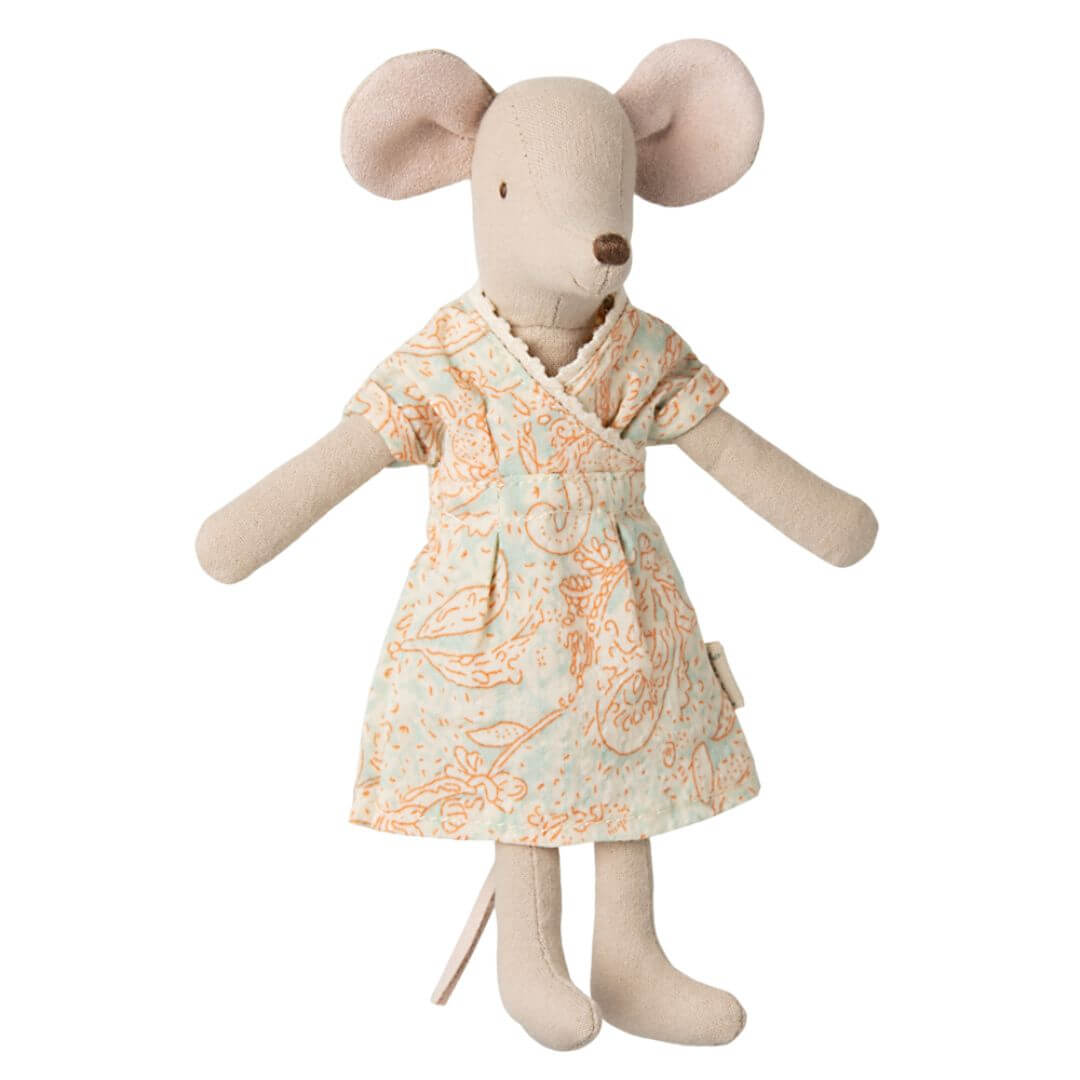 Maileg mom stuffed animal mouse in a paisley print dress.