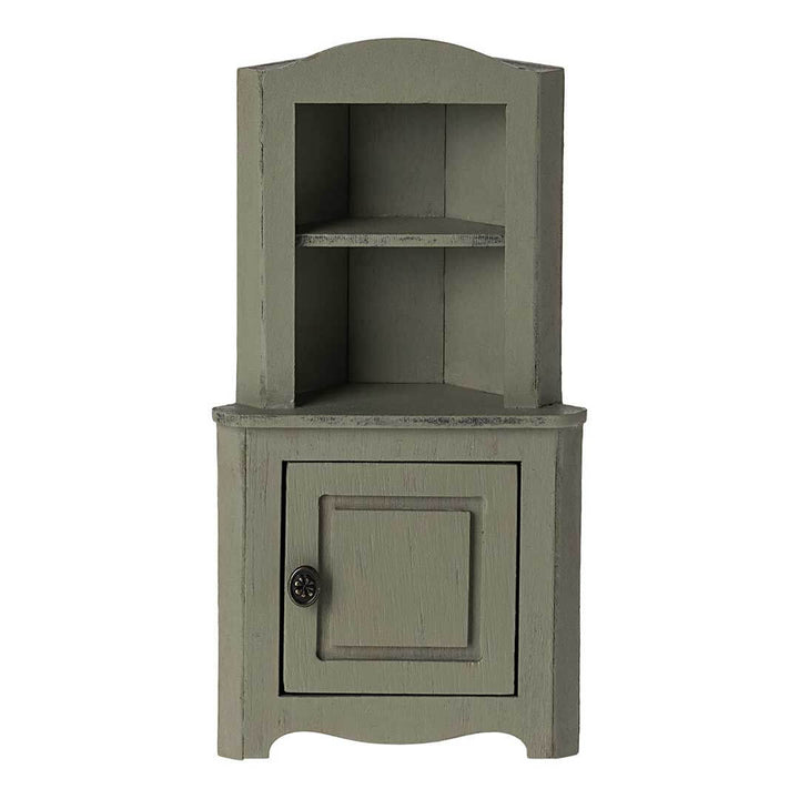 Maileg Mouse Sized Corner Cabinet in Light Green with 1 upper shelf and 1 lower cabinet