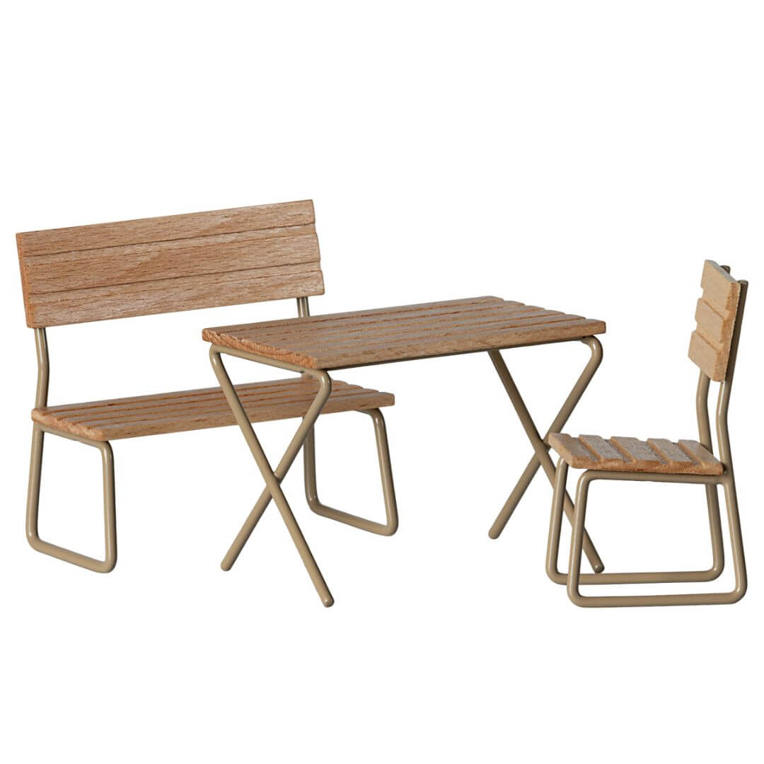 A miniature metal and wood picnic table, bench and chair set for Maileg mice.