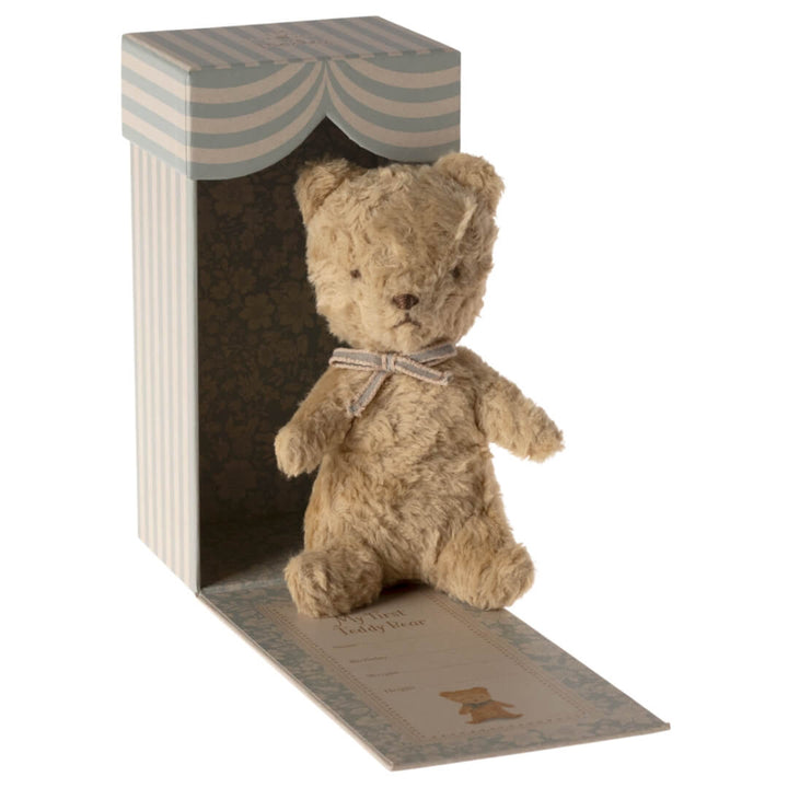 Maileg My First Teddy in Sand with blue ribbon and box.