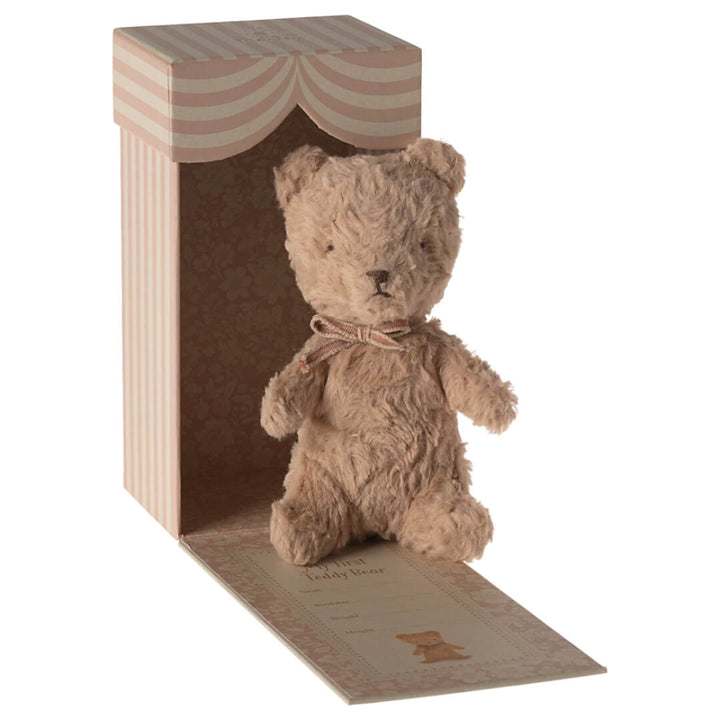 Maileg My First Teddy in Powder with pink ribbon and box.