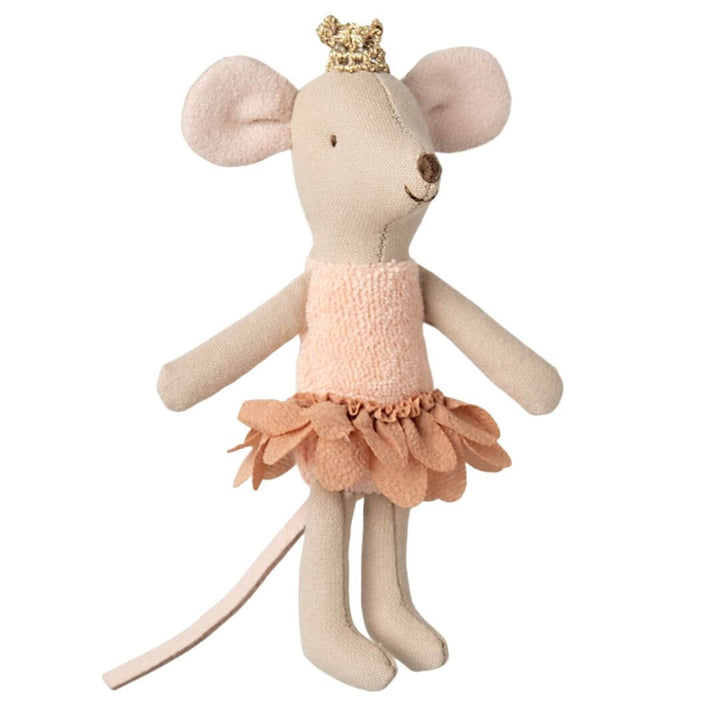 Maileg little sister princess mouse wearing a pink tutu and golden crown.