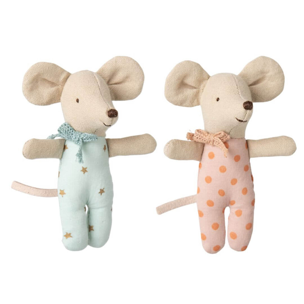 Twin maileg baby mice wearing pink and blue pajamas.