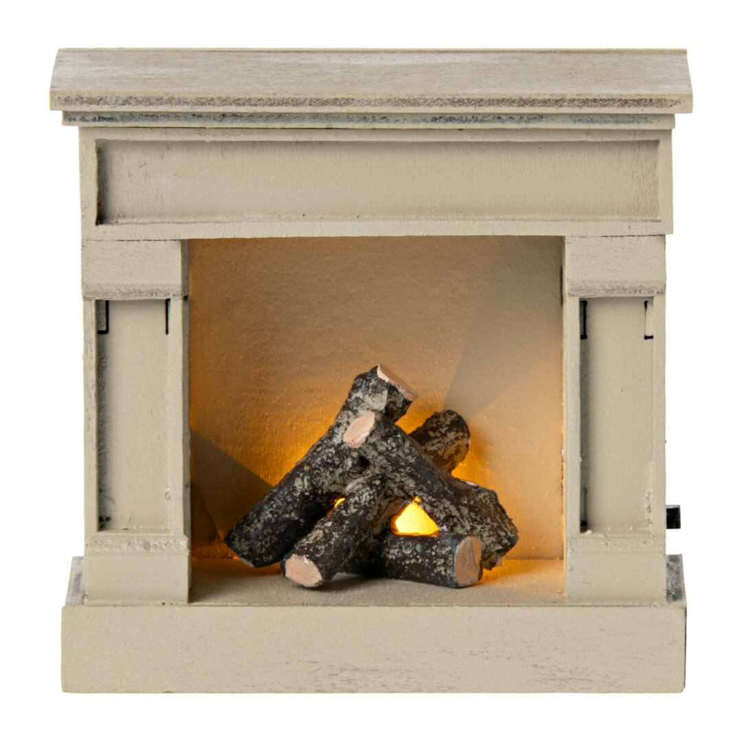 Maileg vintage white light up miniature fireplace.