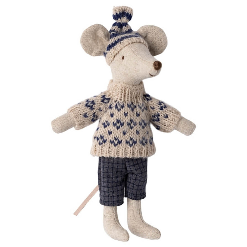 Maileg Dad Winter Ski Mouse in a blue and white knit sweater and cap, with plaid grey pants.