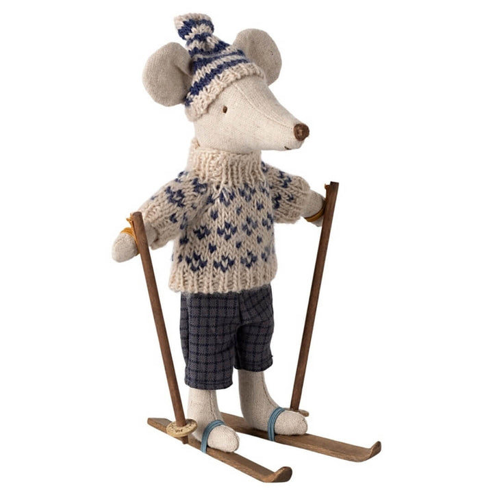 Maileg Dad Winter Ski Mouse in a blue and white outfit with wooden skis.