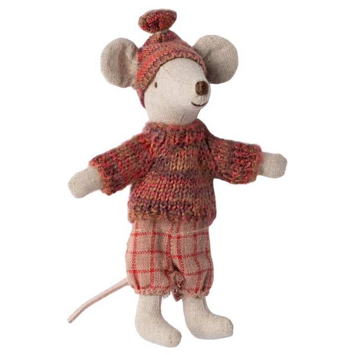 Maileg Big Sister Winter Ski Mouse in a pink knit sweater and cap, with pink plaid pants.