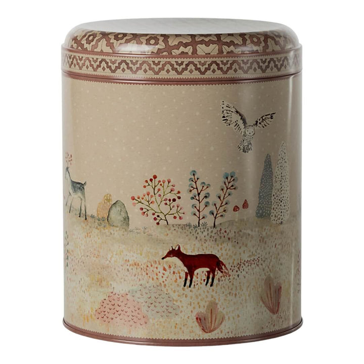 Tall round tin from Maileg with a Scandanavian inspired illustration of reindeer.