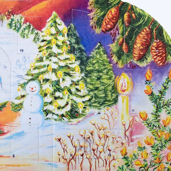 Close details on the Waldorf Lights of Advent calendar depicting holiday scenes.