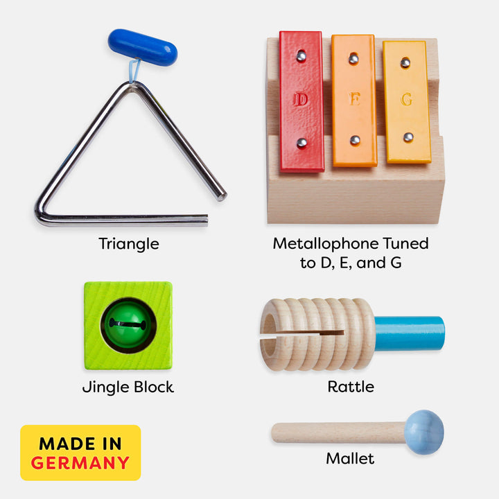 Musical Sounds Musical Joy includes metal triangle with blue handle and wooden mallet, green jingle wooden block with bell, Metallophone tuned to D, E, and G, and wooden rattle with blue handle - made in Germany