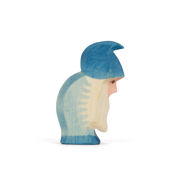 Side view of blue Ostheimer wooden dwarf figure.