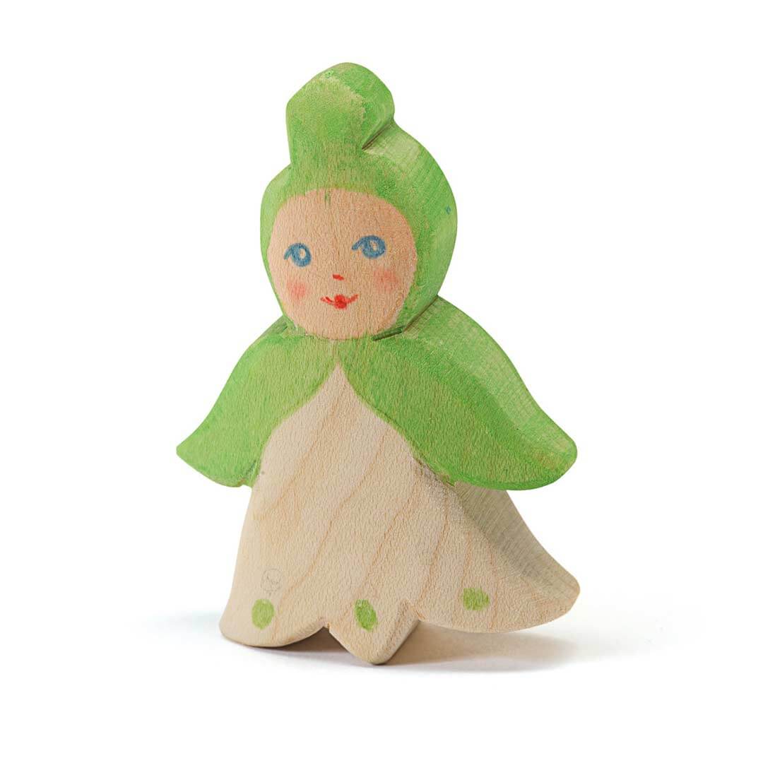 Ostheimer Flower Children Snowdrop with lime green bonnet and sleeves, and natural dress with 3 green spots